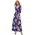 Belle Poque Retro Vintage Bohemian 3/4 manga V-cuello azul marino Boho vestido largo Maxi vestido BP000241-1